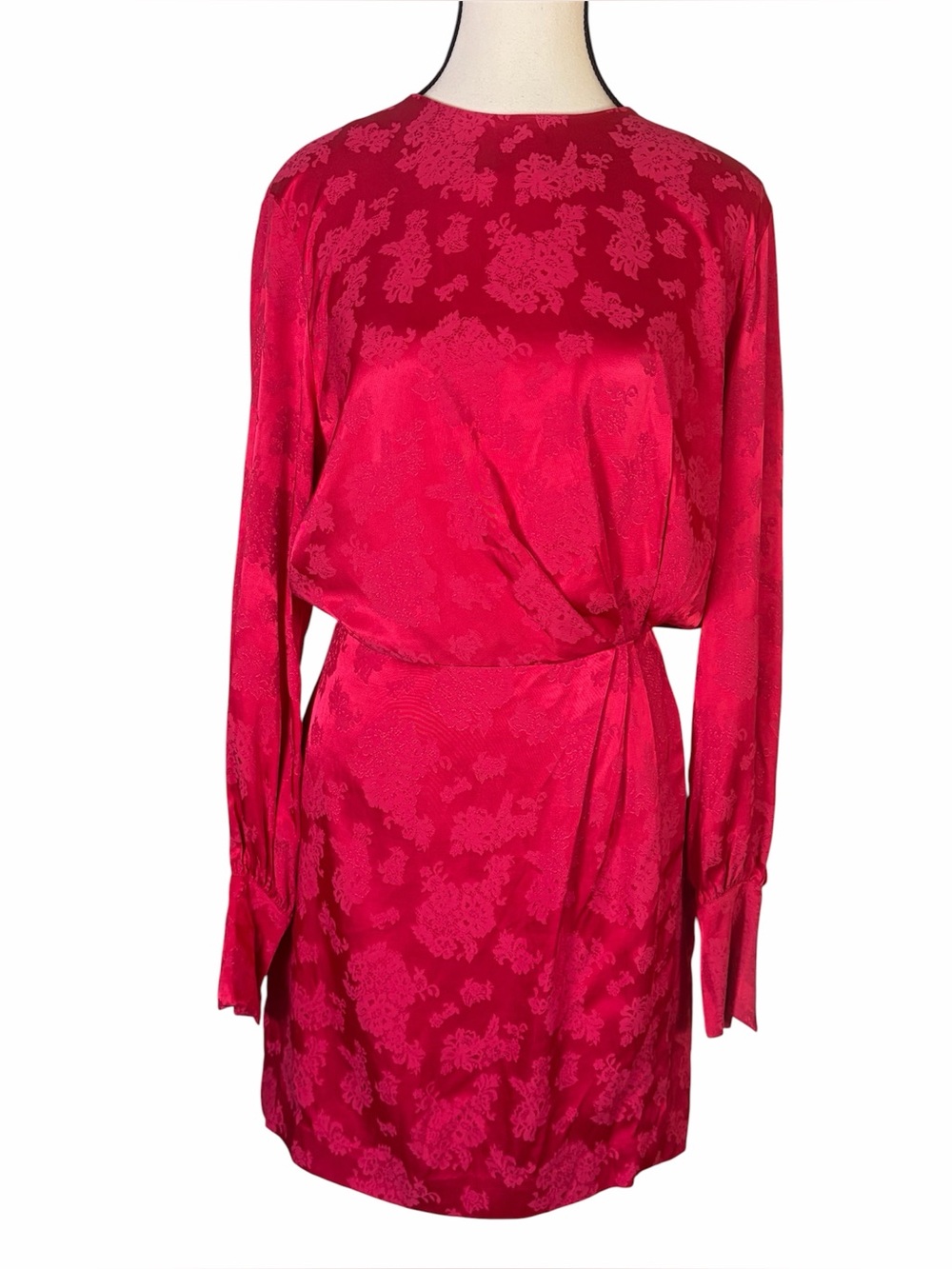 & Other Stories Fuchsia Pink Satin Jacquard Mini Dress Mock Neck Long Sleeve S